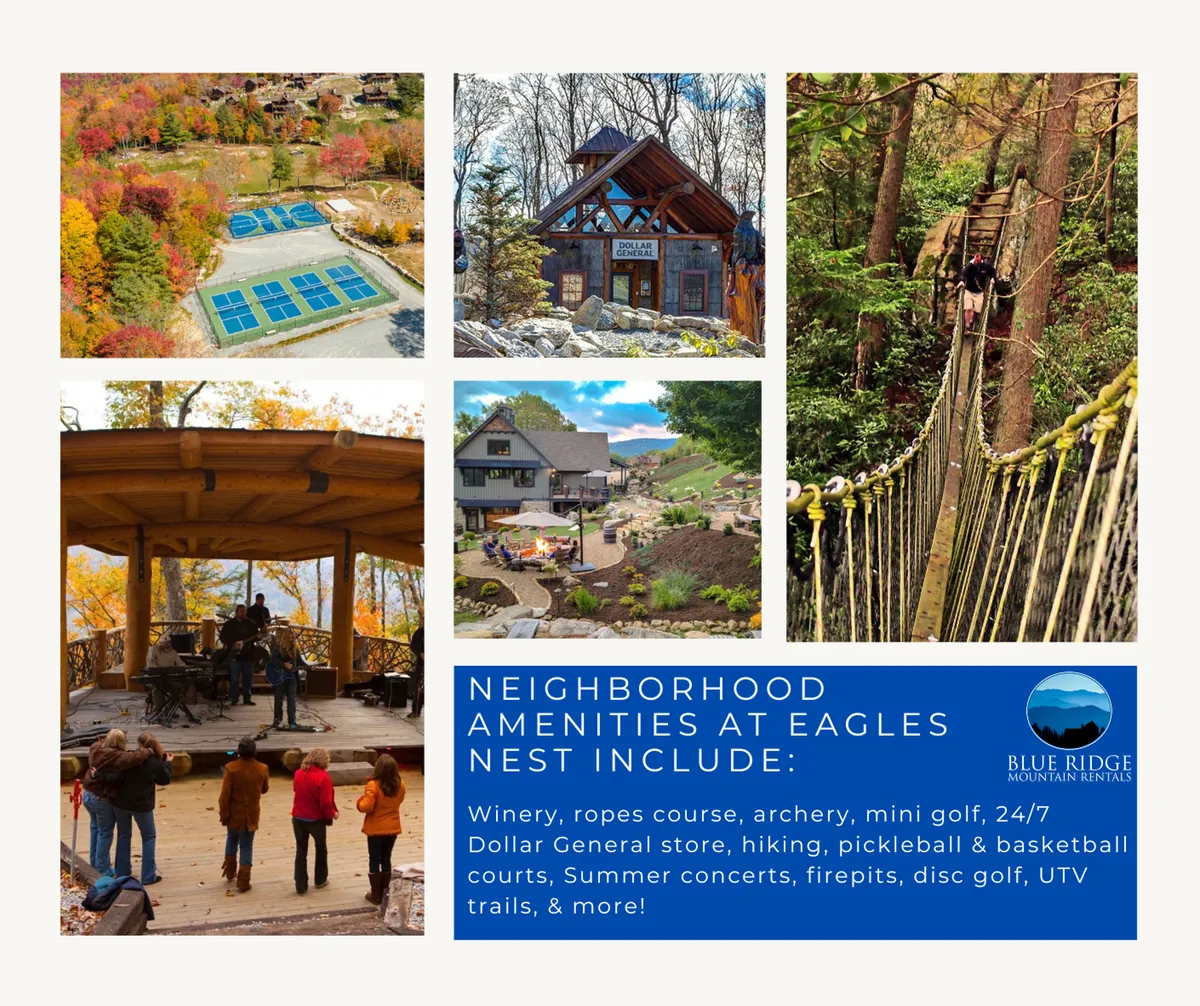 This exterior scene features a vibrant and bustling recreation area nestled in the mountains. Visible are luxury cabins, a wooden stage for concerts, a kid-friendly rope bridge, and recreational facilities for mini golf, pickleball, and other family activities. People are shown enjoying outdoor concerts, hiking the trails, and engaging in various amusements, creating an atmosphere of joyful adventure.